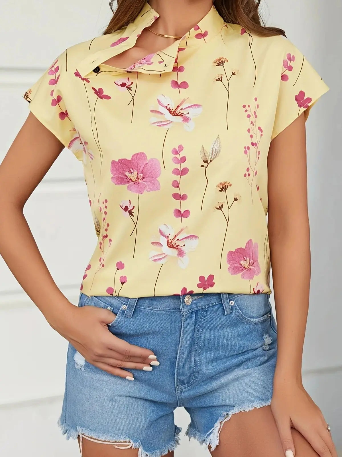 Blouse Fleurie Col Montant