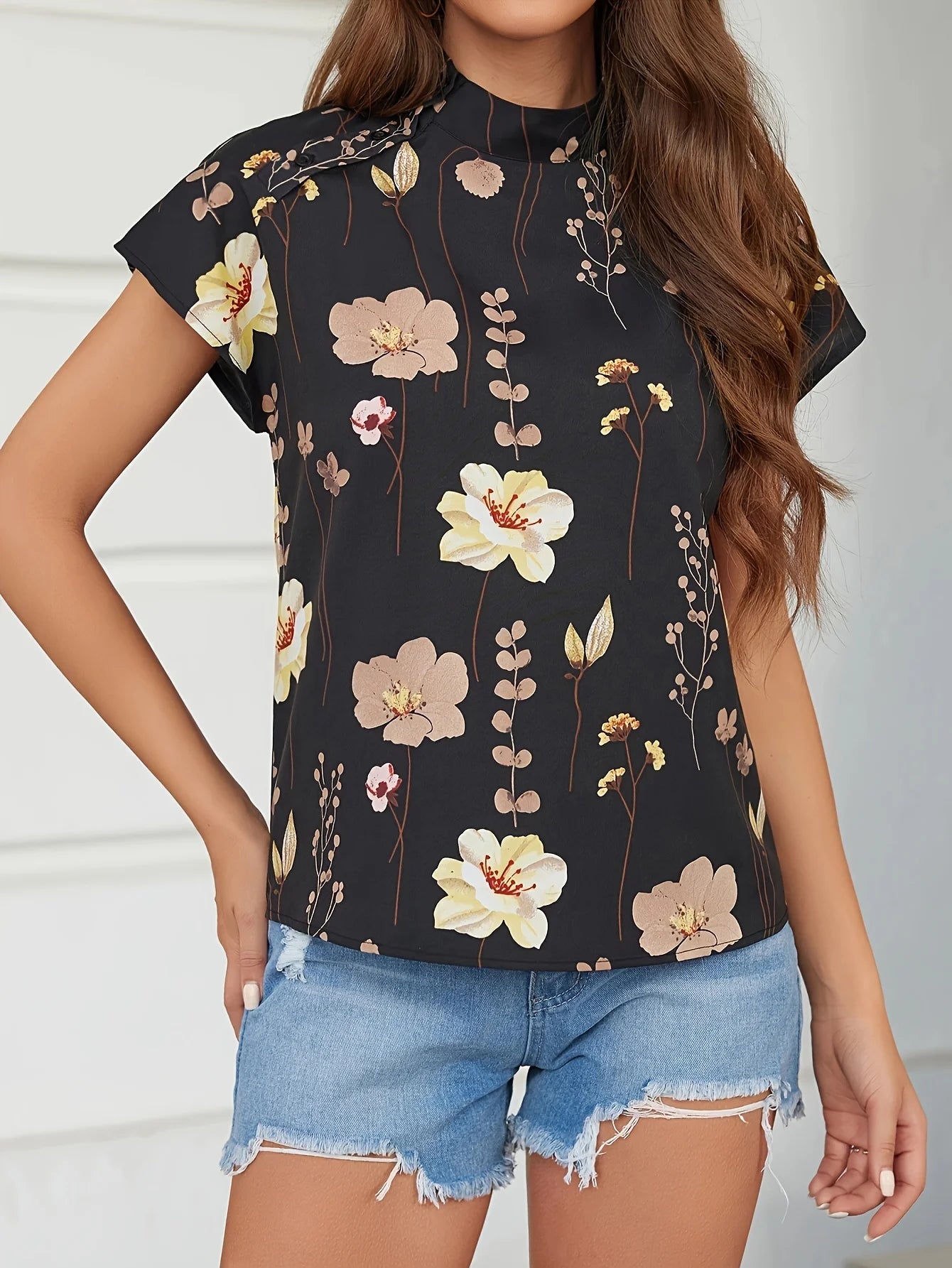 Blouse Fleurie Col Montant