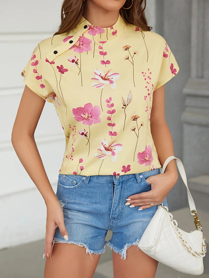 Blouse Fleurie Col Montant