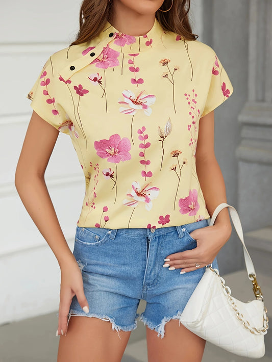 Blouse Fleurie Col Montant