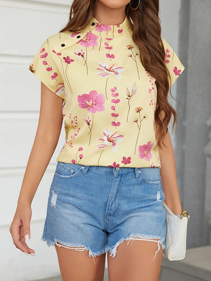 Blouse Fleurie Col Montant